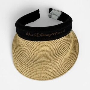 Vintage Walt Disney World Logo Straw Sun Visor One Size Silver Mickey Mouse Pin